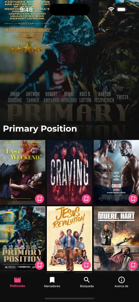 JFlix Películas - JFlix Películas app interface displaying movie posters and a Spanish navigation menu.