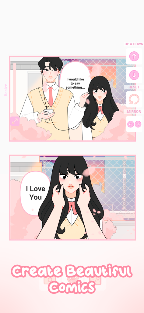 Shining Star : Idol Dress Up - Shining Starアプリの漫画作成機能を示すスクリーンショット。アニメキャラクターと吹き出しが表示されています。