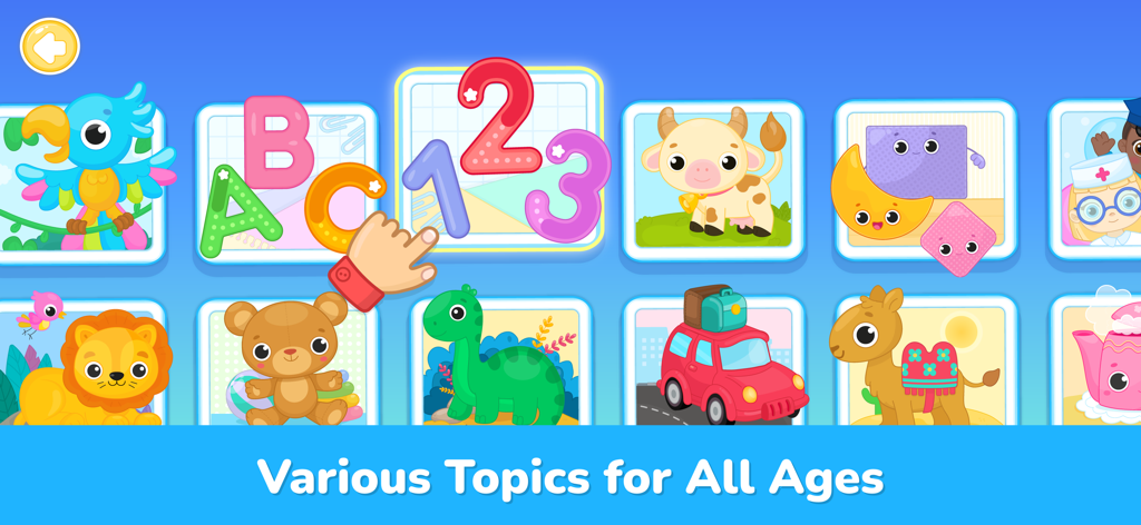 Kids Drawing - Coloring Games - Selection screen showing various educational coloring topics for kids like numbers and animals