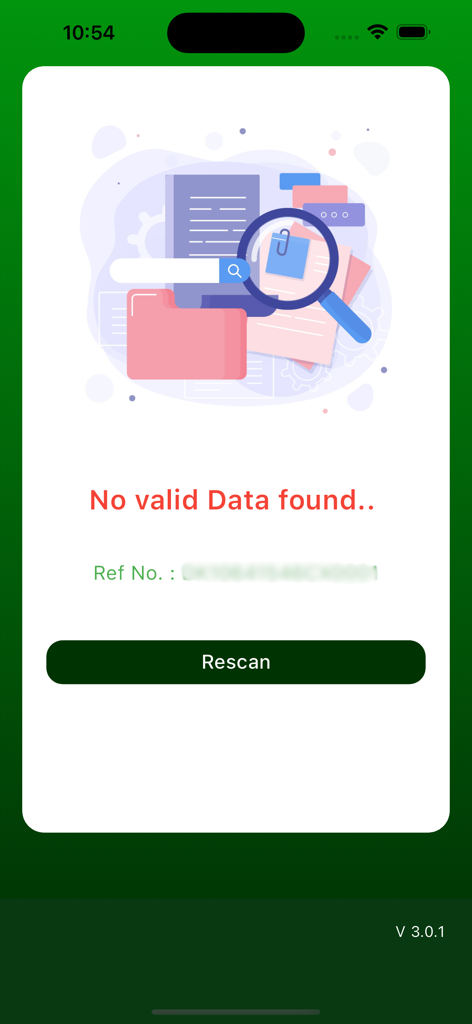 BRTA DL Checker - Error screen in the BRTA DL Checker app displaying a message that no valid data was found for the provided reference number