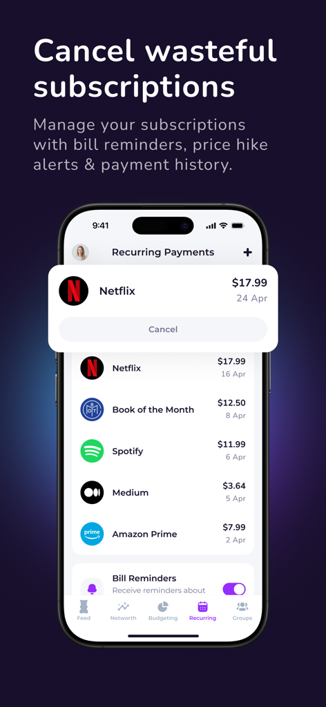 Emma budget tracker interface displaying recurring subscription payments with a cancel option for Netflix