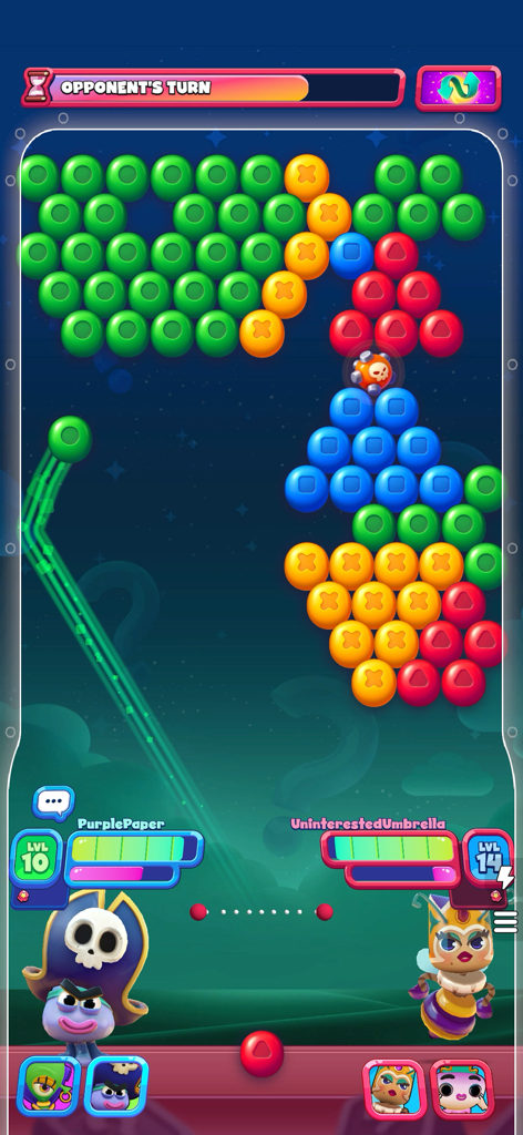 A real-time bubble shooter PvP match featuring two 3D characters and a shared game board.