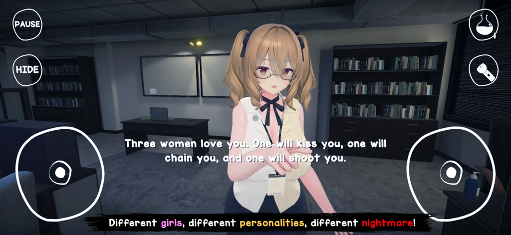 Yandere Horror Game - Una chica de anime en un entorno de oficina del Juego de Terror Yandere con superposiciones de texto temáticas de terror.