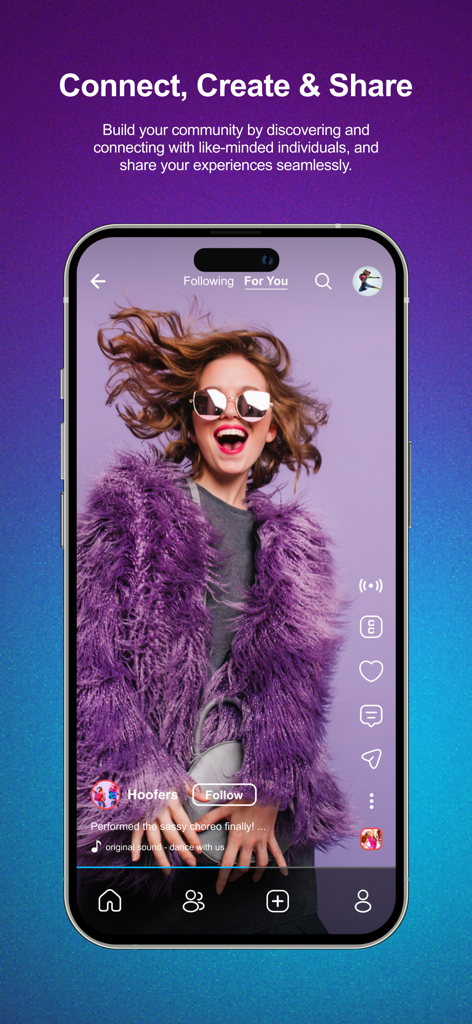 MizMiz - MizMiz App-Oberfläche auf einem Smartphone, die einen Creator in einem lila Pelzmantel während der Wiedergabe eines Kurzvideos zeigt