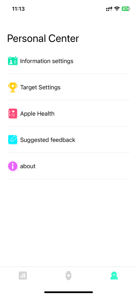 Menu Centro Personale dell'app Dee Fit che mostra le impostazioni utente e l'integrazione con Apple Health