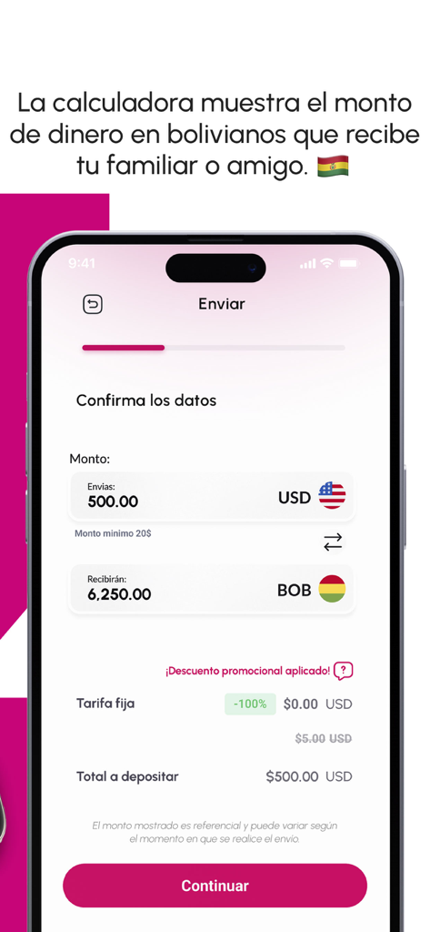 Zensy - Zensy mobile app screen showing currency conversion for sending money from the United States to Bolivia.