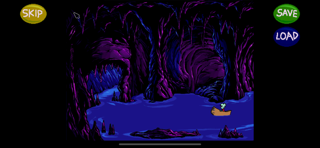 Pajama Sam navigating a dark purple cave in a small boat.
