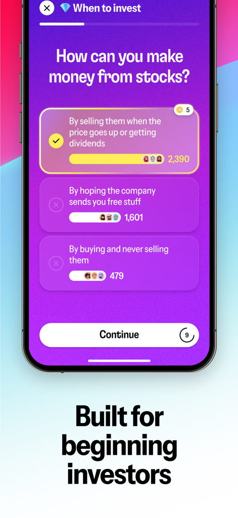 Alinea app screen showing an educational quiz about making money from stocks designed for beginning investors.