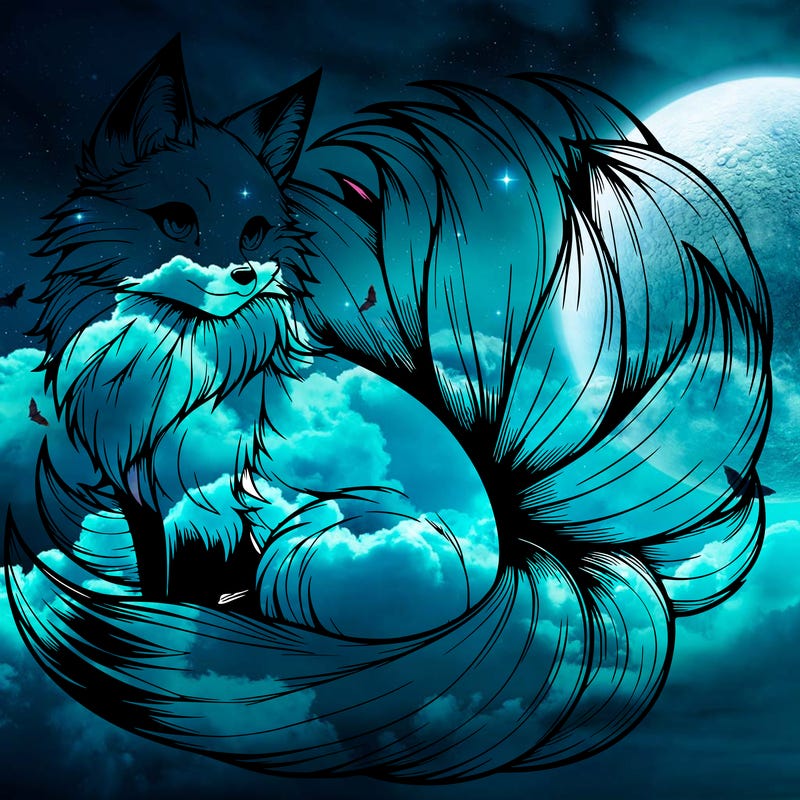 realistic detailed 9 tailed anime fox