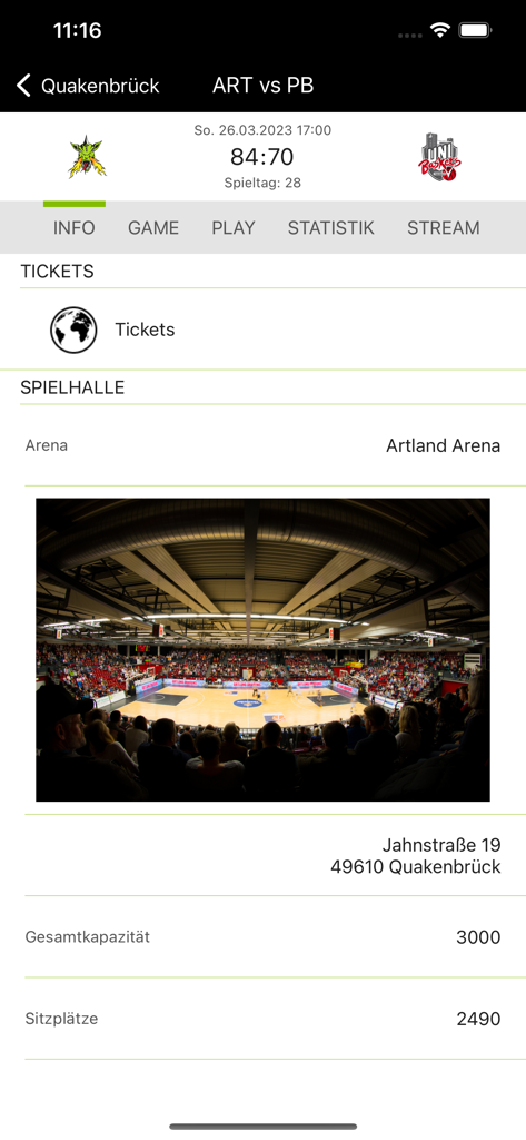 BARMER 2 Basketball Bundesliga - Bildschirm mit Spielinformationen für Basketballspiele, der die Kapazität und Adresse der Artland Arena anzeigt.
