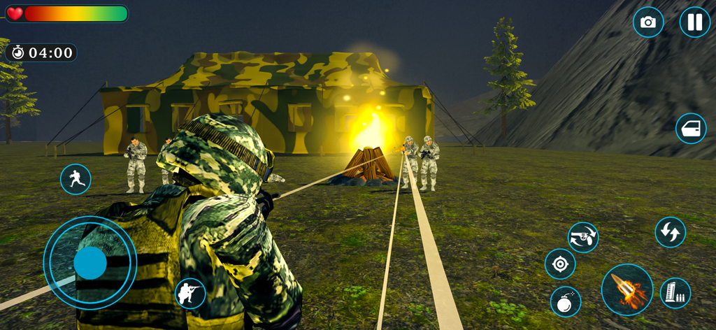 Operation War Clash of Armies - A soldier in camouflage aiming a rifle at a military camp with a campfire in the background.