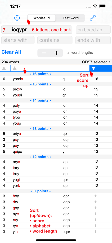 A list of French words and their points sorted by score in the Français Words Finder app
