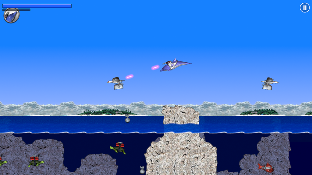 Laser Dolphin firing pink laser beams at mechanical birds above the ocean.