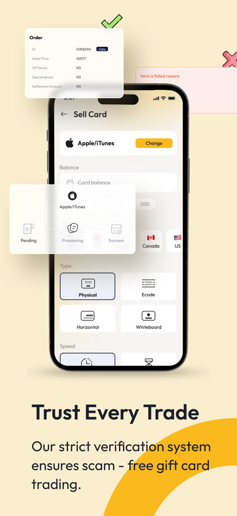 Mobile interface of Cardlaxy app showing secure options to sell Apple gift cards for cash.