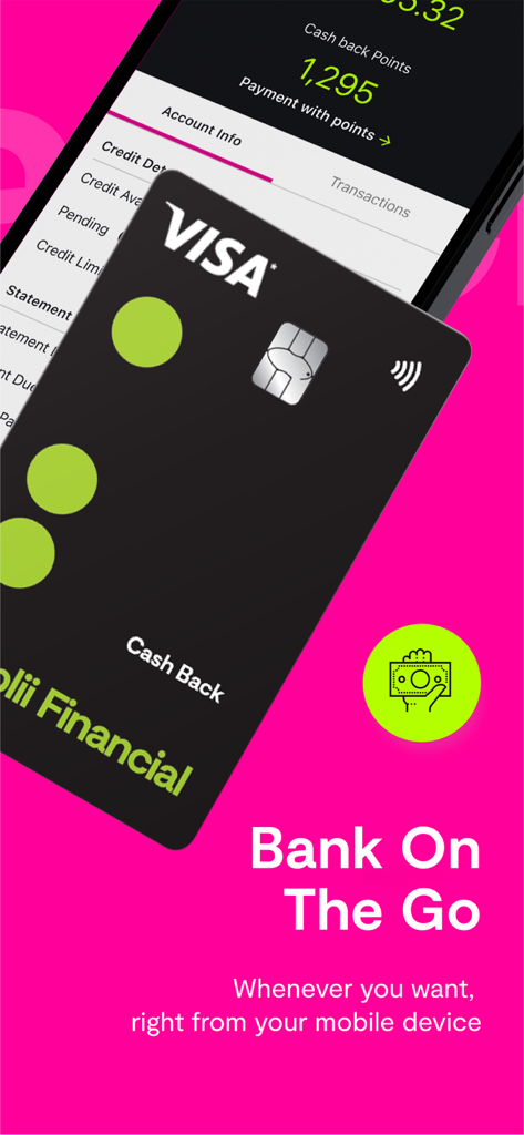 Simplii Financial - Simplii Financial Mobile App-Oberfläche mit einer schwarzen Visa-Kreditkarte und einer Übersicht über Cashback-Punkte