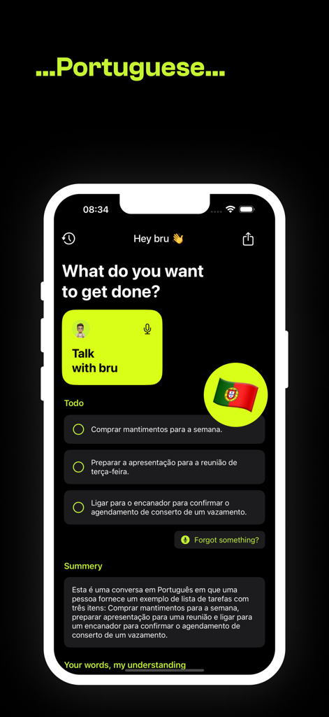 The bru todo app interface showing Portuguese language support and voice-to-task functionality.
