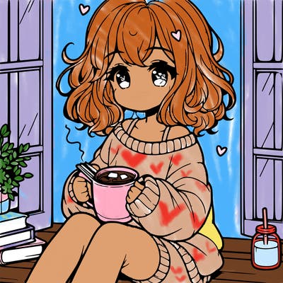 cute anime girl reading book and drinking hot chocolate from mug with loose wavy hair wearing a baggy sweatshirt and shorts sitting by windowsill looking out