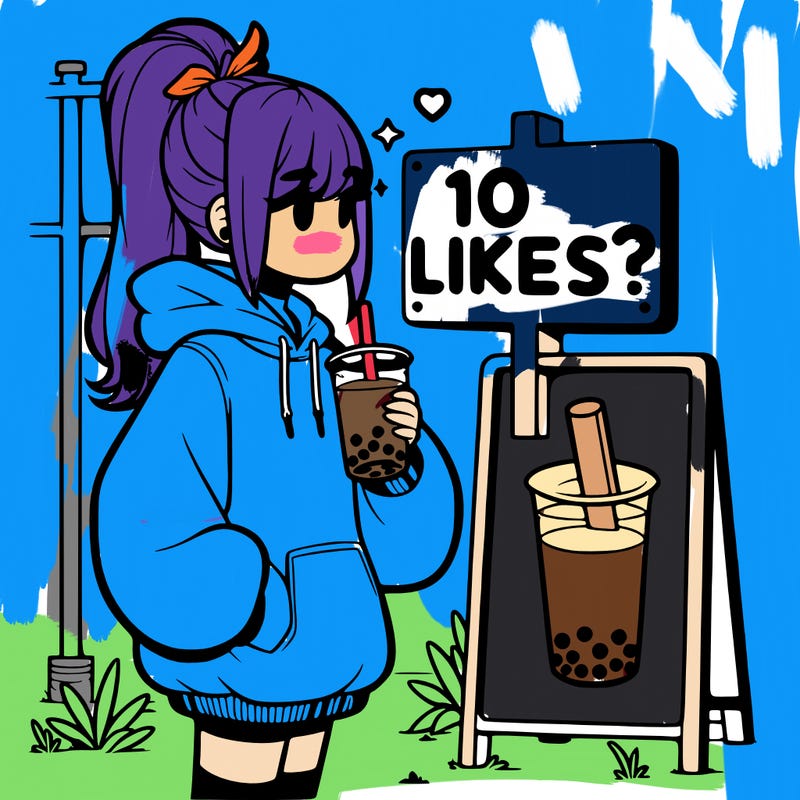 girl with oversized hoodie drinking boba and she has a high ponytail with a sign that says 10likes?