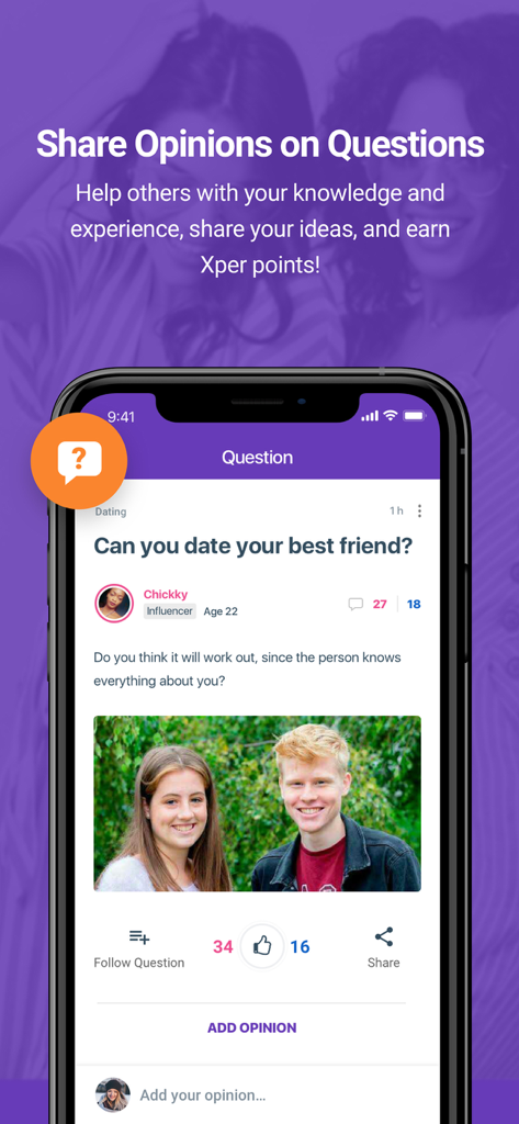 GirlsAskGuys™ - GirlsAskGuys app screen showing a user asking a question about dating their best friend