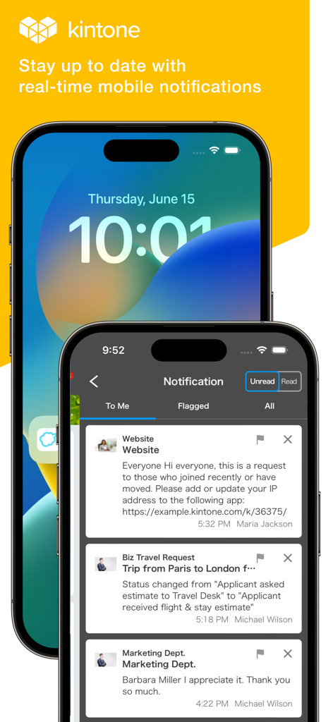 kintone - Kintone mobile app displaying real-time notifications and project updates on an iPhone screen