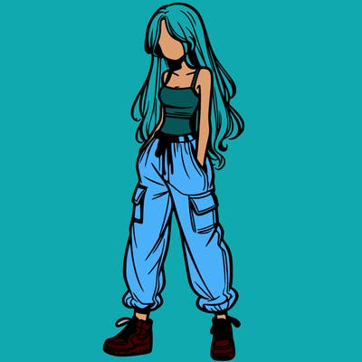 girl in baggy pants crop top and long hair