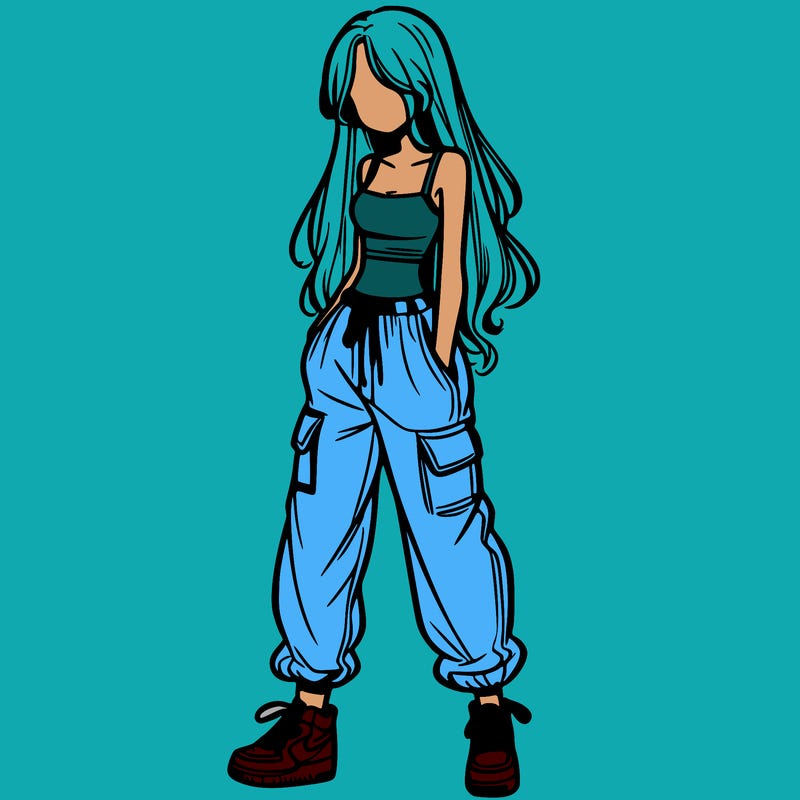 girl in baggy pants crop top and long hair