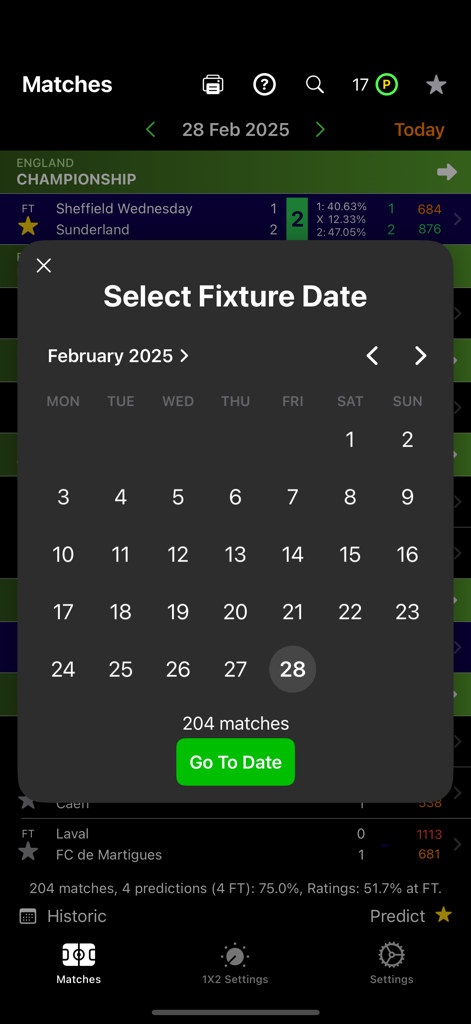 Interfaccia calendario nell'app 1X2 Predict per selezionare le date delle partite di calcio