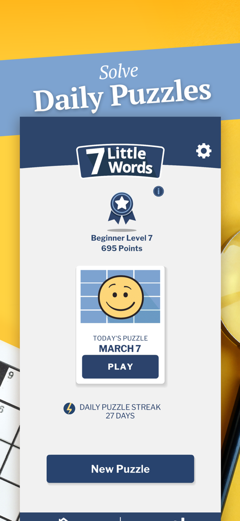 7 Little Words app interface showing the daily puzzle for March 7 and a 27-day streak