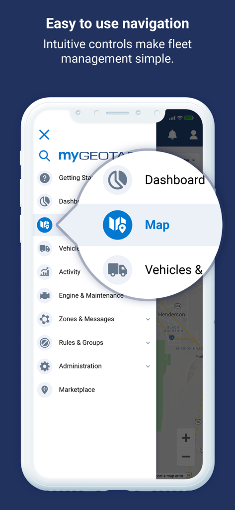Menu di navigazione laterale nell'app MyGeotab Fleet Management che mostra opzioni di mappa e dashboard.