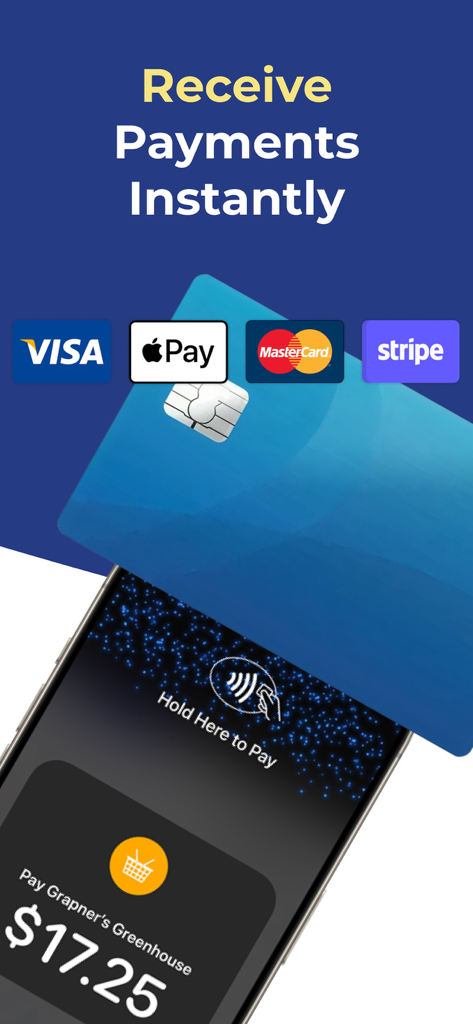 POS Simple- Tap to Pay Receipt - An iPhone screen demonstrating a contactless tap to pay transaction with icons for Visa Apple Pay and MasterCard.