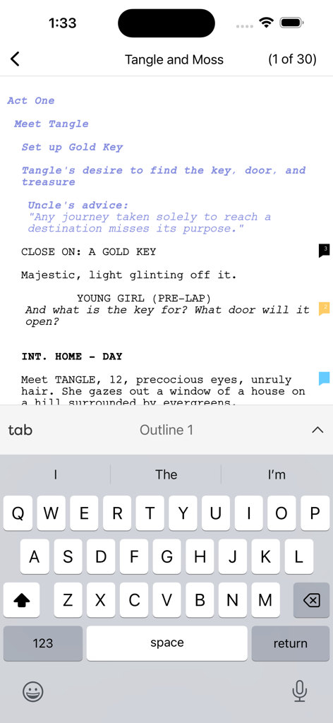 Final Draft Go mobile screenwriting interface showing a professional script with a keyboard