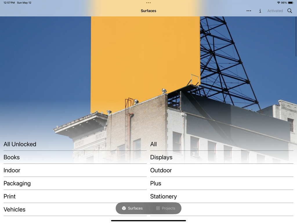 LiveSurface Vision - Interface of LiveSurface Vision app displaying a billboard mockup category selection