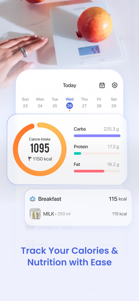 RENPHO Health - A mobile interface of the RENPHO Health app showing daily calorie intake and macronutrient tracking with a food log for breakfast