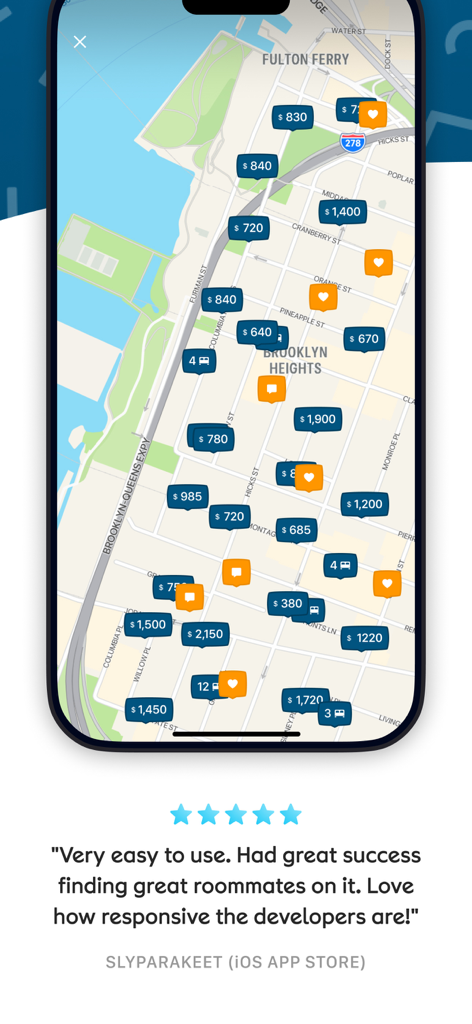 SpareRoom US - Map interface of SpareRoom US app displaying rental prices in Brooklyn with a five star user testimonial
