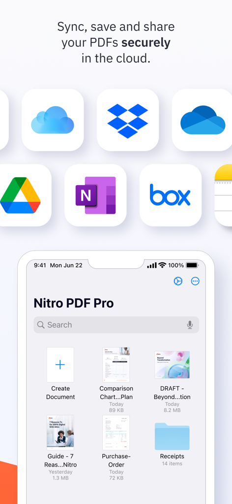 Nitro PDF Pro: Read & Edit - Interface do aplicativo móvel Nitro PDF Pro exibindo sincronização segura na nuvem e recursos de gerenciamento de arquivos