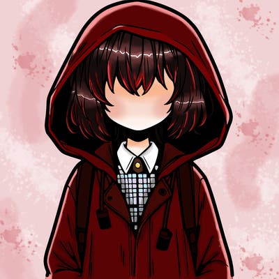 little anime girl in a raincoat her hair is covering her eyes she has a lighter