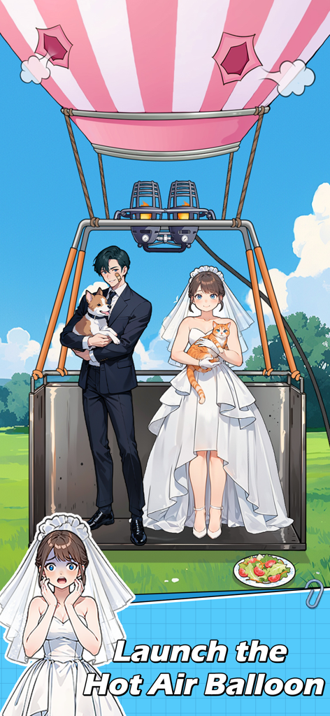 Ein Brautpaar hält seine Haustiere in einem Heißluftballonkorb mit der Rätselfrage 'Starten Sie den Heißluftballon'.