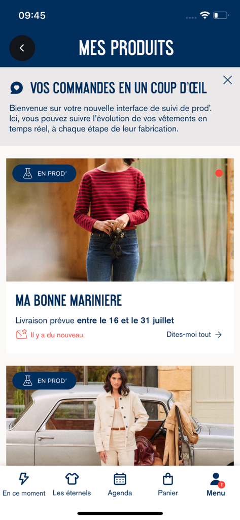 Asphalte - 製造中の衣類を注文追跡しているアスファルトモバイルアプリのインターフェース。