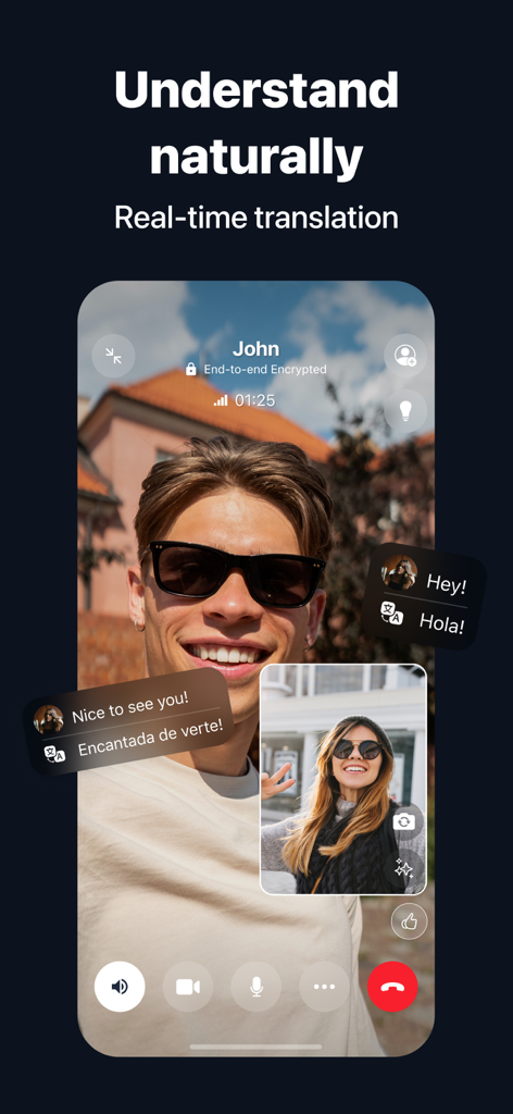 FaceCall - Answer Better - Oberfläche eines FaceCall-Videoanrufs, die Echtzeit-Übersetzung von Sprache in englische und spanische Textblasen anzeigt.