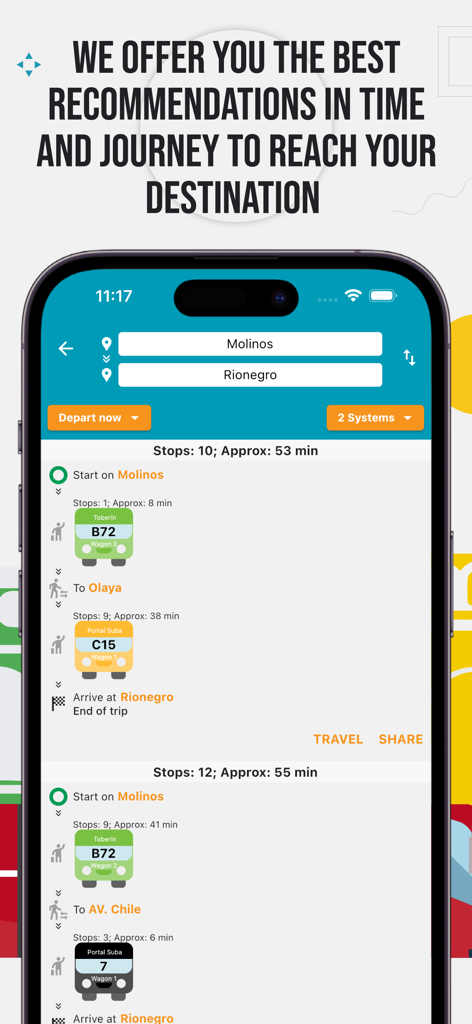 TransmiSitp MoviliXa - Interfaz de la aplicación TransmiSitp MoviliXa mostrando opciones de rutas de transporte público en Bogotá
