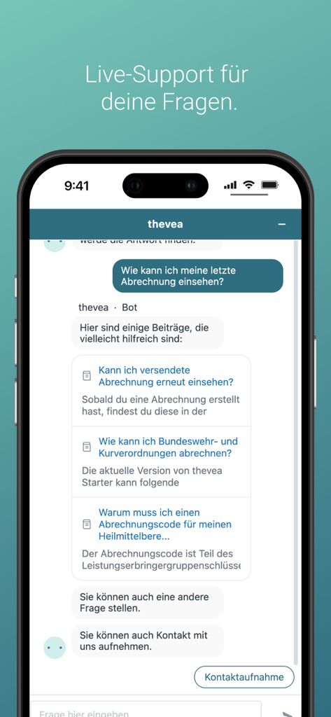 thevea - Screenshot der thevea App, der eine Live-Chat-Oberfläche für die Praxisverwaltung von Therapien zeigt