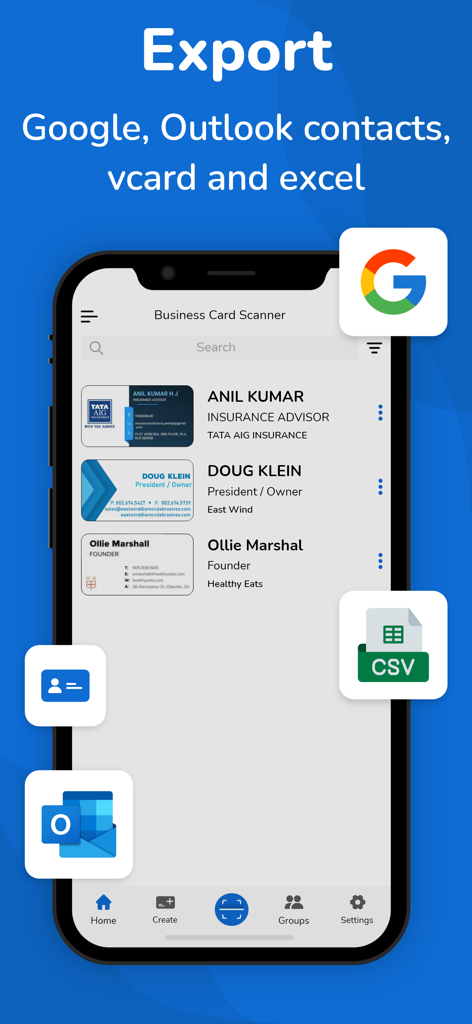Business card scanner app interface showing export options to Google Outlook vCard and CSV