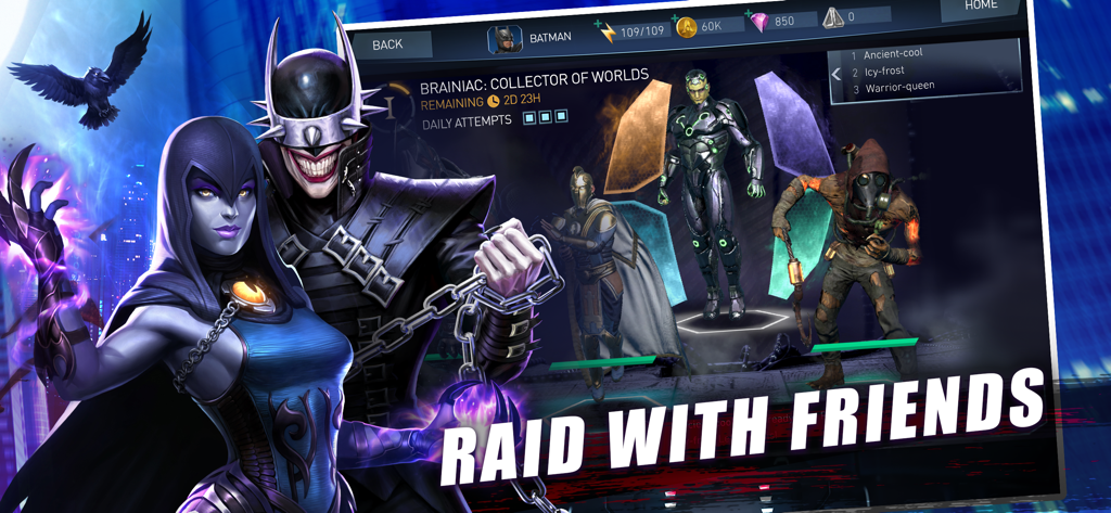 Injustice 2 mobile game screenshot highlighting the Raid with Friends feature featuring characters like Raven and The Batman Who Laughs