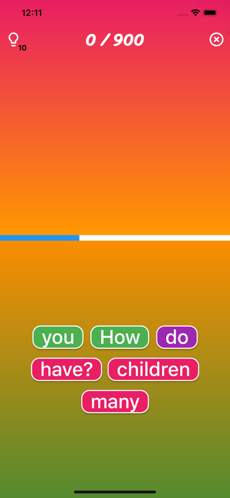 Interface of Challenging English game showing a sentence unscrambling puzzle with colorful word buttons.