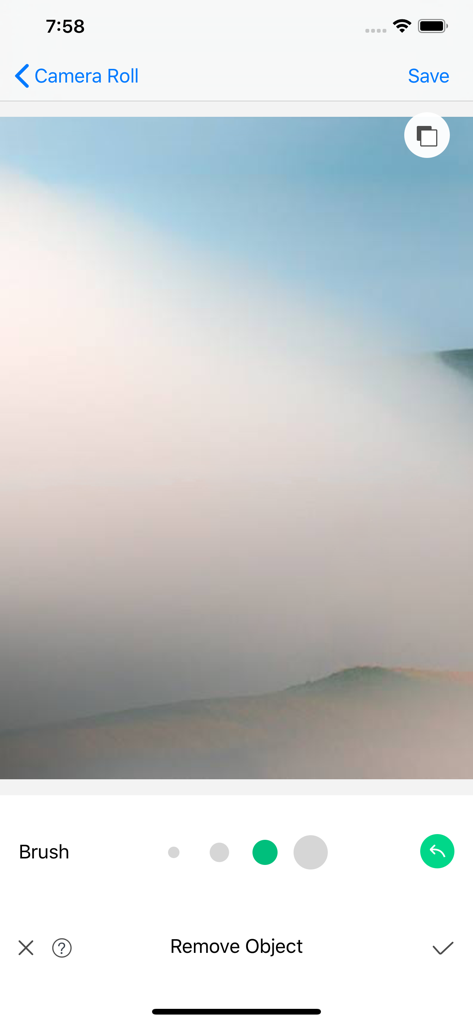 Object Removal Pro - Eraser Me - Interfaz de edición de la aplicación Object Removal Pro con configuraciones de tamaño de pincel y una foto de paisaje que se está editando