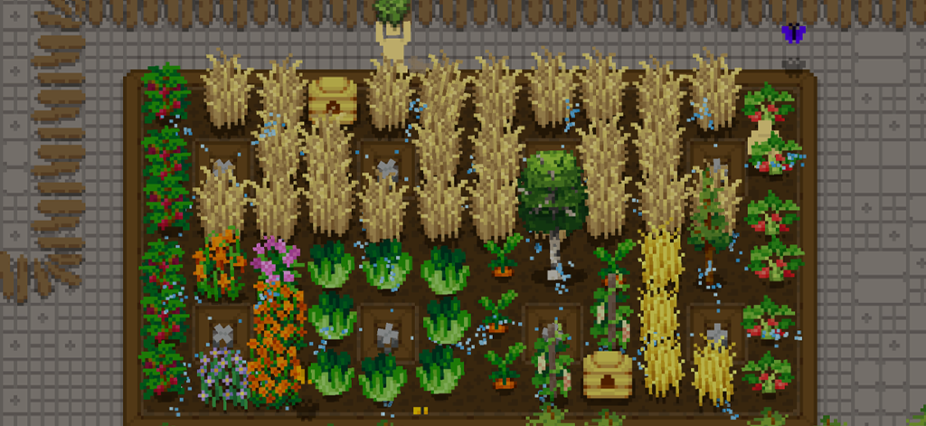 Tiny Terraces - Una vista dall'alto di un lussureggiante giardino in pixel art in Tiny Terraces con varie colture, fiori e alberi che vengono innaffiati.