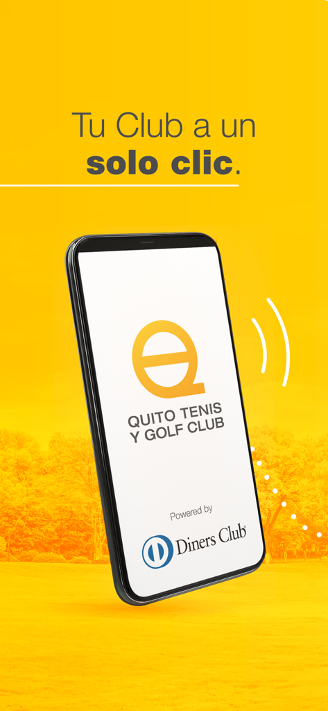 Smartphone mostrando el logo y eslogan de la aplicación Quito Tenis y Golf Club sobre un fondo amarillo