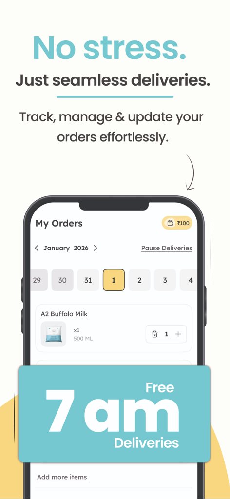 Sid’s Farm - Pure Tested Milk - Sids Farm mobile app interface for tracking and managing milk delivery subscriptions