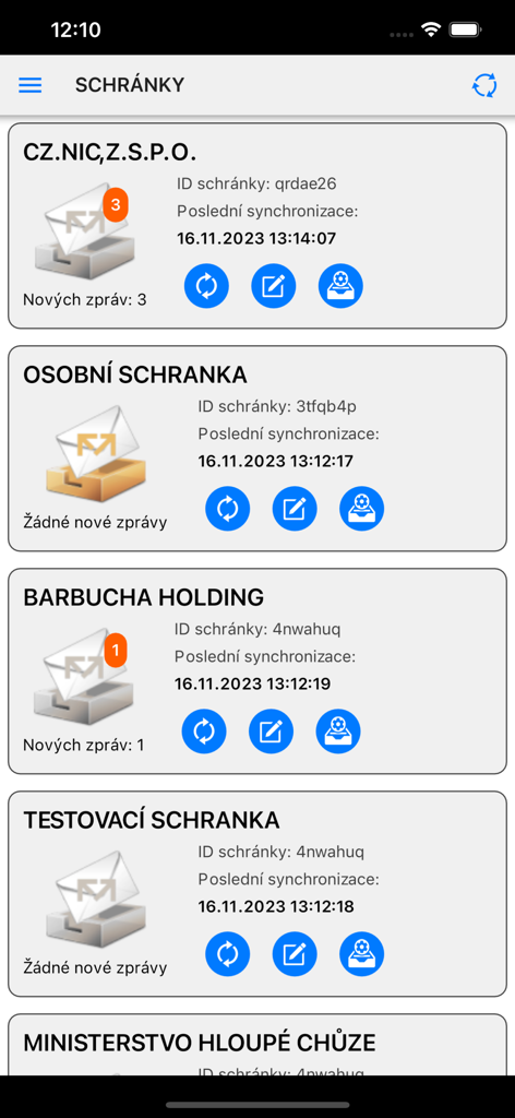 Datovka - Mobile dashboard of Datovka app showing multiple Czech digital mailboxes with notification badges and synchronization status