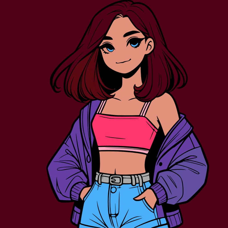 a realistic girl with a crop top and short shorts in an open jacket